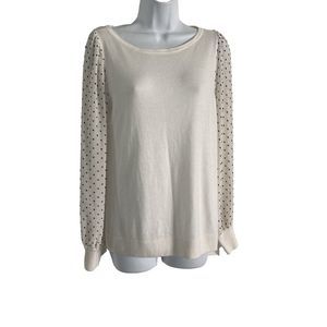 Ann Taylor LOFT Lightweight Knit Sweater Women Medium Off White Black Polka Dots